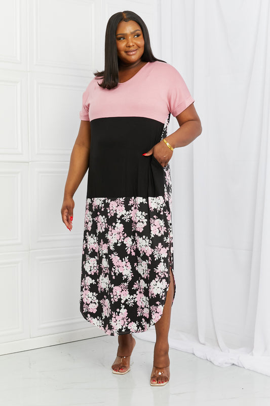 Celeste Spring Forward Full Size Color Block Midi Dress in Mauve/Black